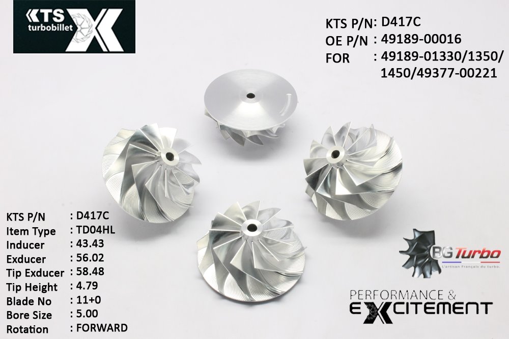 Turbo ROUE FORGÉE MFS PERFORMANCE - 11+0 PALES - INDUCER : 43,43 - EXDUCER : 56,02 - TYPE : TD04HLANGLE : 50° - ROTATION : Forward - SUPER BACK : 1,83 - BORE SIZE : 5
